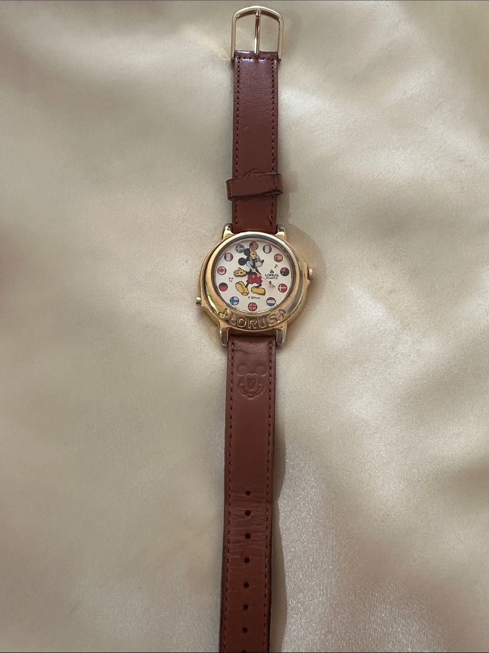 Disney Gold-Tone Mickey Mouse Watch with Brown Strap